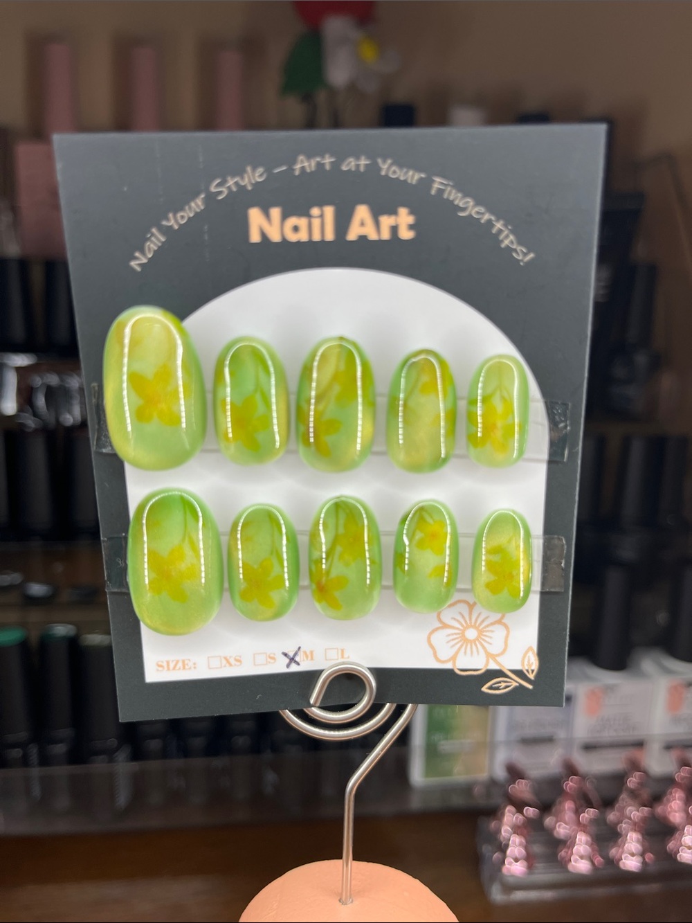 Press-On Nail Set Green Floral Cat eye green and yellow medium oval